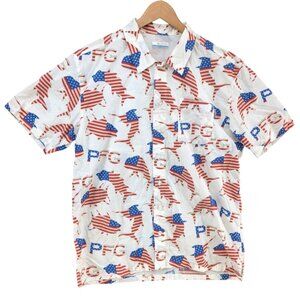 Columbia PFG American Flag Fish Shirt Mens Red White Blue Short Sleeve Size M